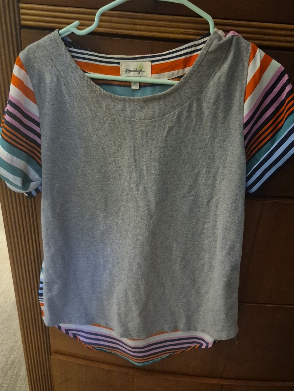 Anthropologie Gray Tee with Multi-Color Striped Sleeves